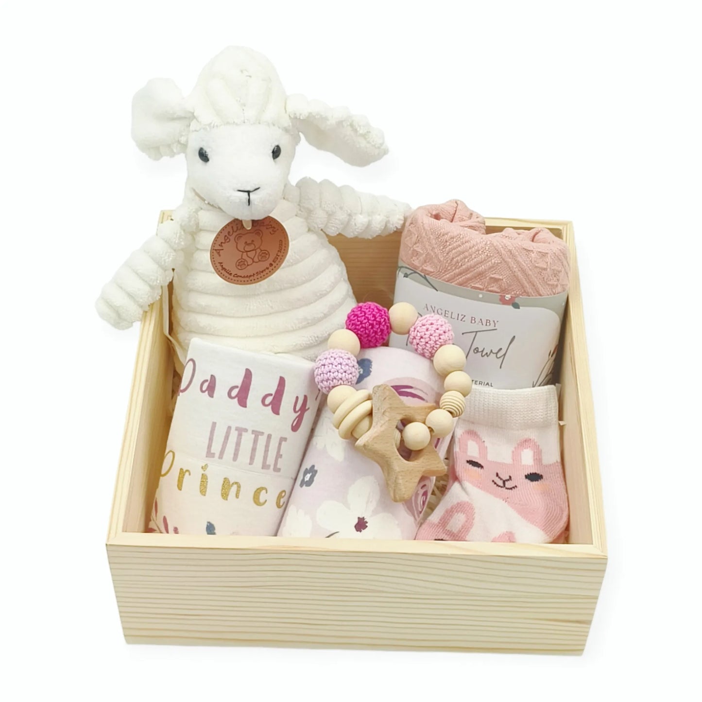 Angeliz Baby Gift Lovely sheep Wooden Box Hamper Set 8 pcs- Girl
