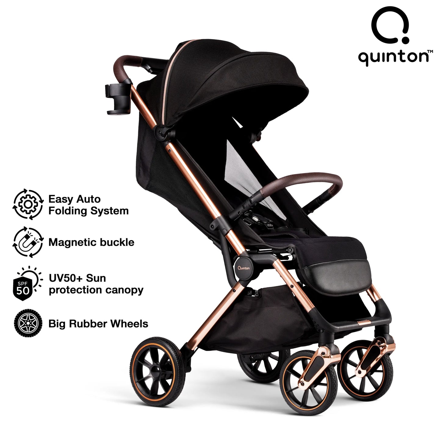 Quinton Roxy Rose Gold Frame Auto Fold Stroller