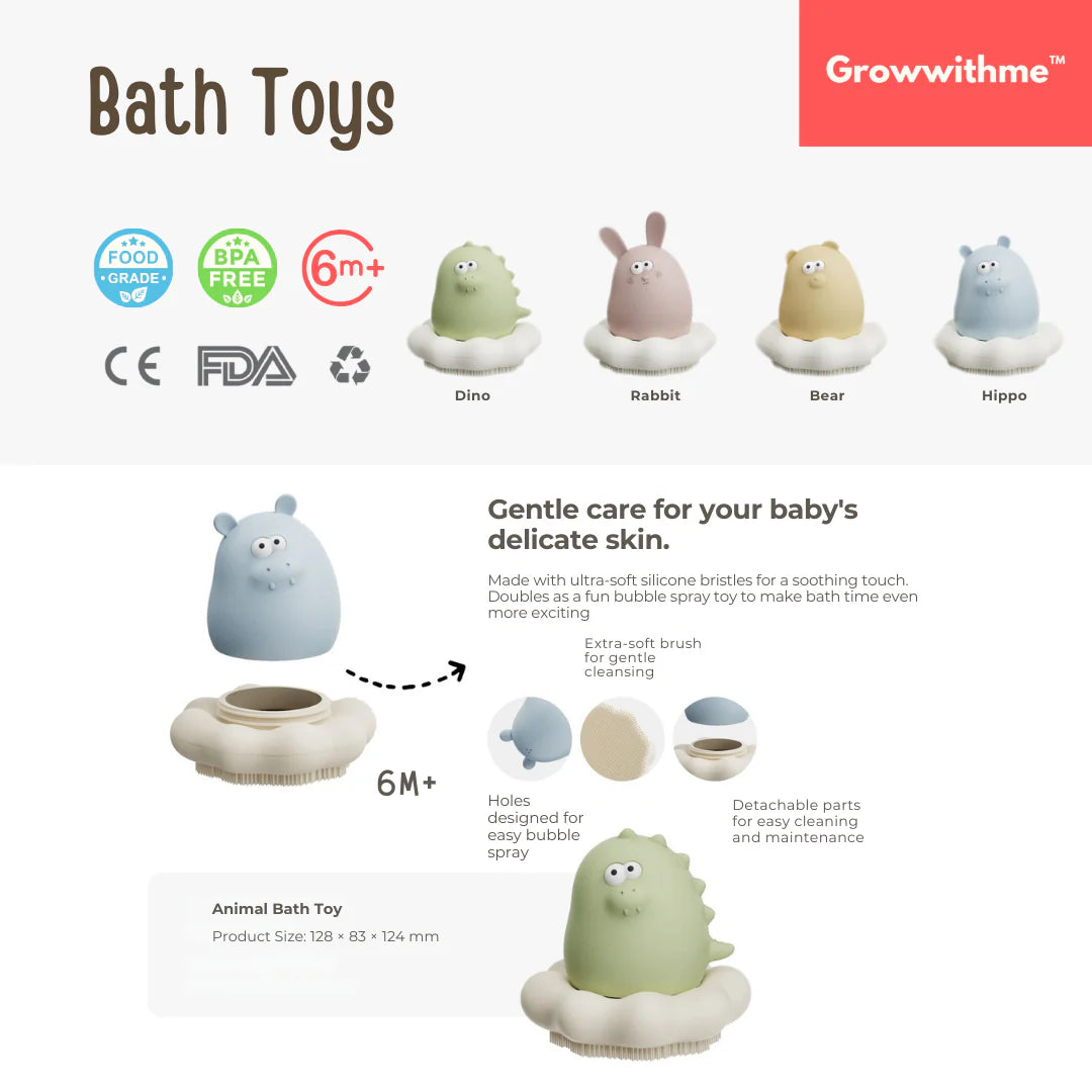 Bath toys with animal designs and 'Growwithme' branding on a white background.
