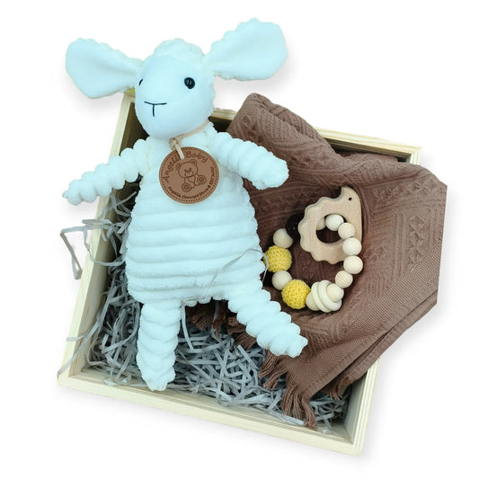 Angeliz Baby Gift Lovely sheep Wooden Box Hamper Set 8 pcs- Unisex