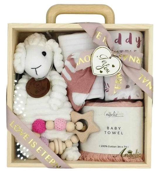 Angeliz Baby Gift Lovely sheep Wooden Box Hamper Set 8 pcs- Girl