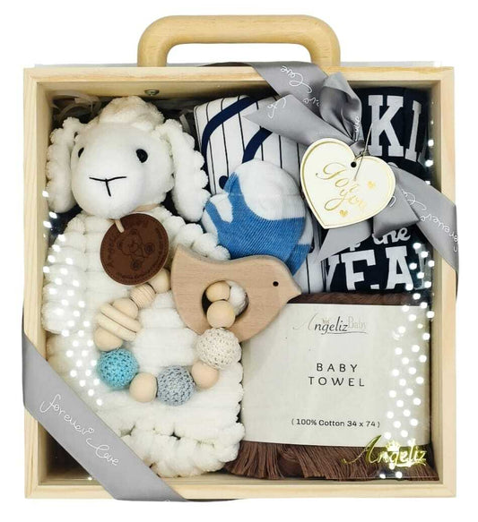 Angeliz Baby Gift Lovely Sheep Wooden Box Hamper Set 8 pcs- Boy