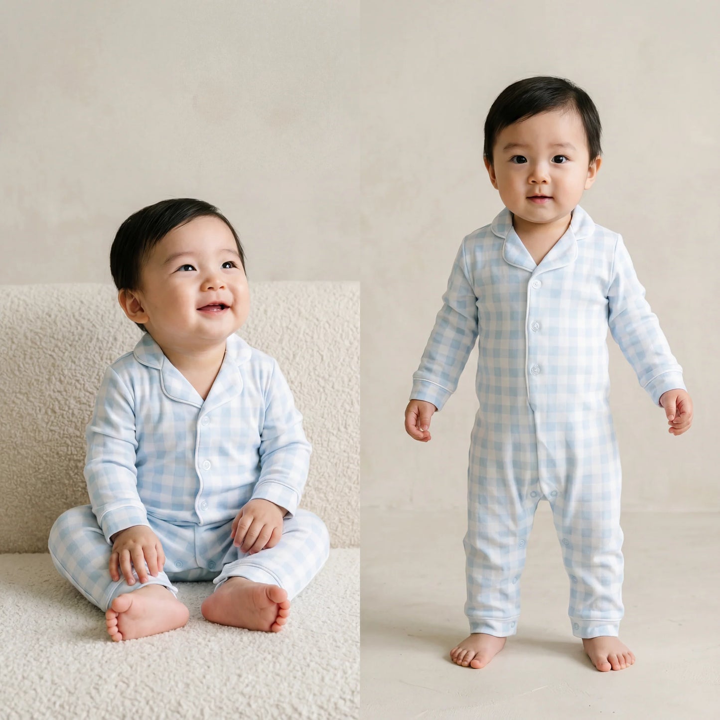 Baby Pima Romper Sleepsuit in Baby Blue Gingham