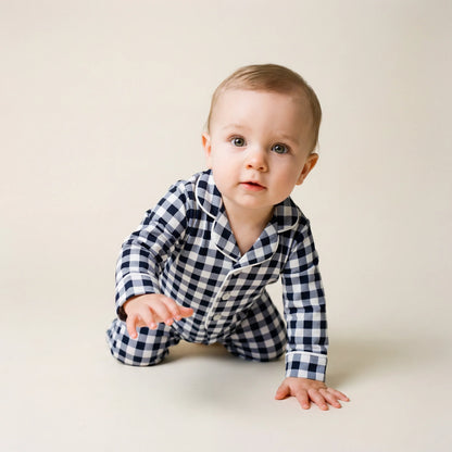 Baby Pima Romper Sleepsuit in Navy Gingham