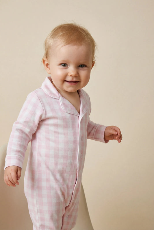 Baby Pima Romper Sleepsuit in Pink Gingham