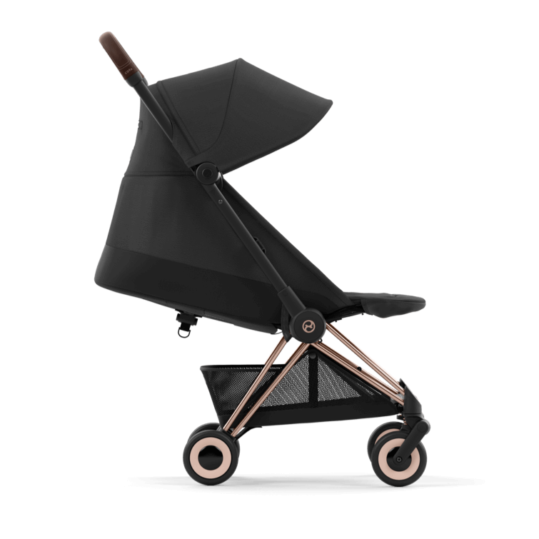 Black stroller with rose gold accents on a white background