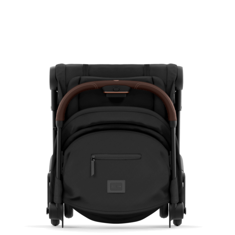 Black baby stroller with brown handle on a white background