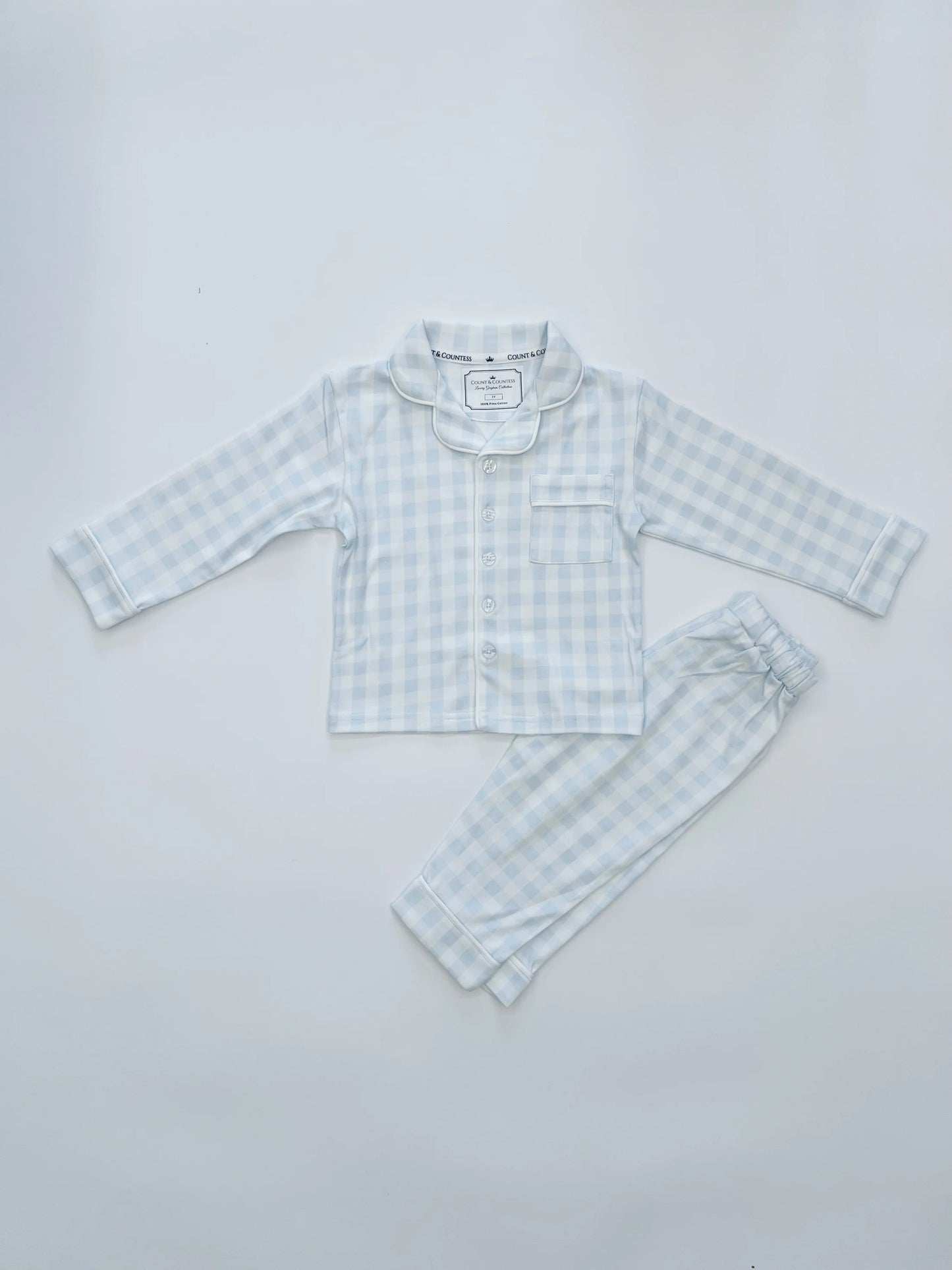 Kids Pima Loungewear Pyjamas in Baby Blue Gingham