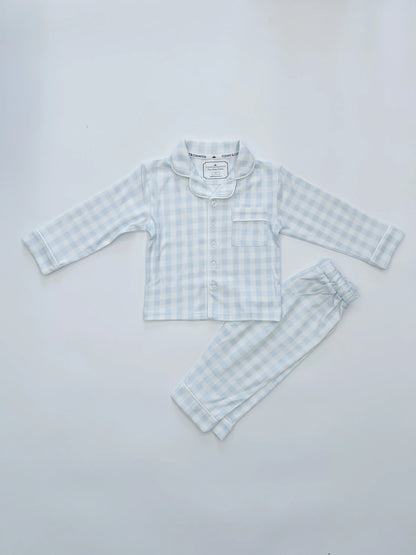 Kids Pima Loungewear Pyjamas in Baby Blue Gingham