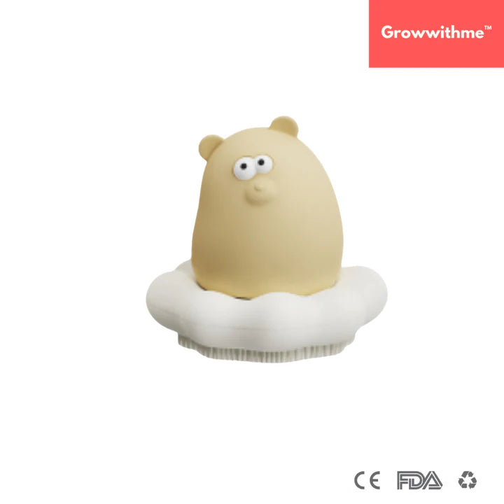 Toy figure of a beige creature on a white cloud with 'Growwithme' branding.