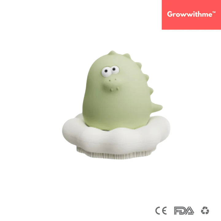 Green dinosaur toy on a white cloud with 'Growwithme' branding.