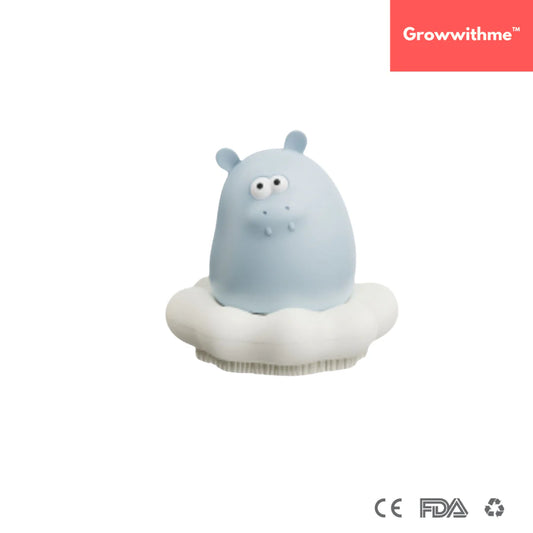 Blue hippo toy on a white cloud with 'Growwithme' on a white background